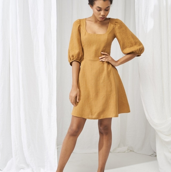 Linen Puff Sleeve Dress Light Gray - Picture 7 of 8